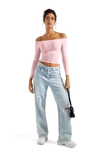 SUUKSESS Women Off Shoulder Double Lined Long Sleeve Shirts Basic Going Out Tops thumbnail 6