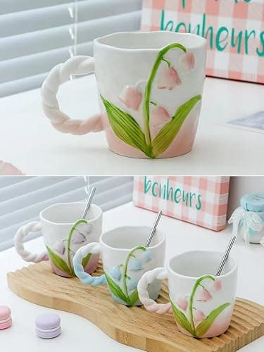 Zigihos Flower Mugs with Handle, Cute Ceramic Coffee Teacups for Women, Floral Girly Mugs for Christmas, 13oz (Pink) thumbnail 7