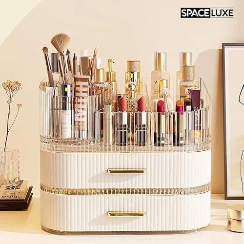 SpaceLuxe Makeup Organizer with Drawers and 360° Rotating Brush Holder, Large Capacity Cosmetic Storage for Vanity, Skincare, Perfume, Hair Accessories, Lipstick & Jewelry (Cream White, 3-layer) thumbnail 3