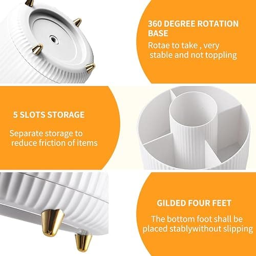 360° Drehbar Make up Organizer, Pinselhalter Kosmetik Aufbewahrung mit 5 Fächern, Aesthetic Schminktisch Organizers für Zimmer Decor Frisiertisch, Schlafzimmer,Badezimmer Organisation (Weiß) thumbnail 5