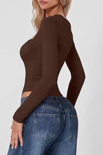 QINSEN Women's Sexy Square Neck Bodysuit Long Sleeve Double Lined Shirt Tops thumbnail 2