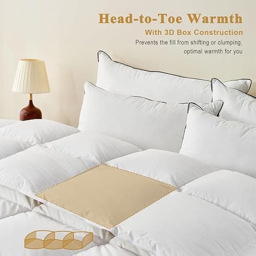 TOPGREEN 100% Organic Feather Down Comforter Full/Queen Size, Luxury Extra-Fluffy Duvet Insert, All Season Bed Comforter with Ultra-Soft Organic Cotton Case (90x90 Inch, Ivory White) thumbnail 4