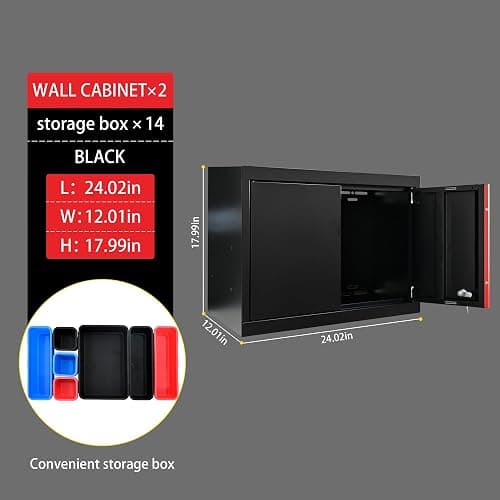 S.Walt Pre-Assembled Garage Storage Cabinet System, No Assembly Required, 6-Piece Workshop Cabinet Set in Black & Red with LED Lights, Wood Worktop, Key Locks, Adjustable Doors and Legs thumbnail 5