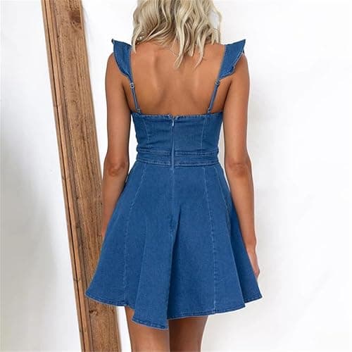 Generic Womens Solid A Line Cowboy Dress Square Collar Denim Mini Dress Butterfly Sleeve Backless Zip Dress thumbnail 5