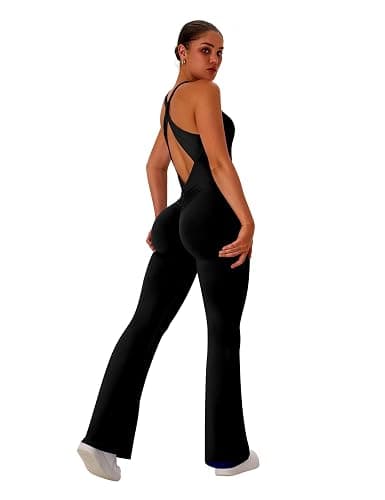 TDIFFUN Flare Workout Jumpsuits for Women One Piece Sleeveless Scrunch Butt Lifting Gym Bodysuit Sexy Backless Yoga Outfits thumbnail 2