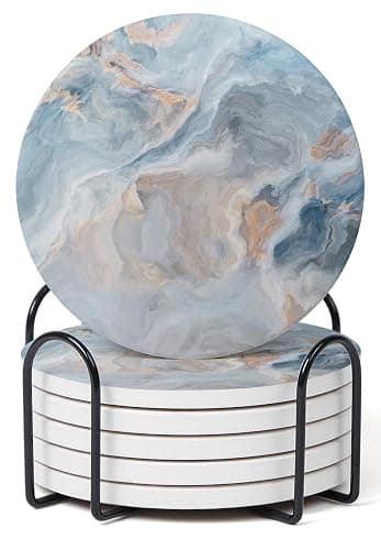 Hoomey Set of 6 Abstract Blue Marble Coasters with Holder, Absorbent Ceramic Coasters for Drinks, Coasters with Cork Backing for Table Protection, Housewarming Gifts for New Home - Image 1