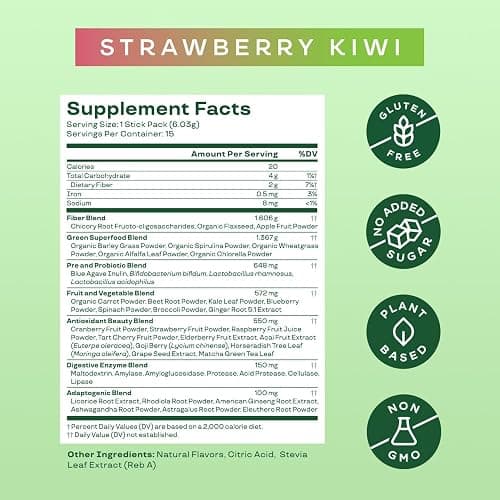 Bloom Nutrition Greens and Superfoods Powder Packets for Digestive Health, Greens Powder, Digestive Enzymes, Probiotics, Spirulina, Chlorella for Bloating & Gut Support, 15 Stick, Strawberry Kiwi thumbnail 4