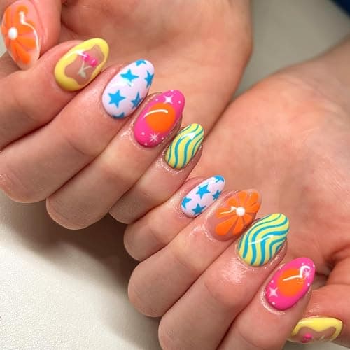 Colorful Press on Nails Short Medium Length Almond Fake Nails with Star Cherry Striped Design Cute Geometric Irregularity Acrylic Stick on Nails Summer Glossy Full Cover Glue on Nails for Women 24Pcs - Image 1