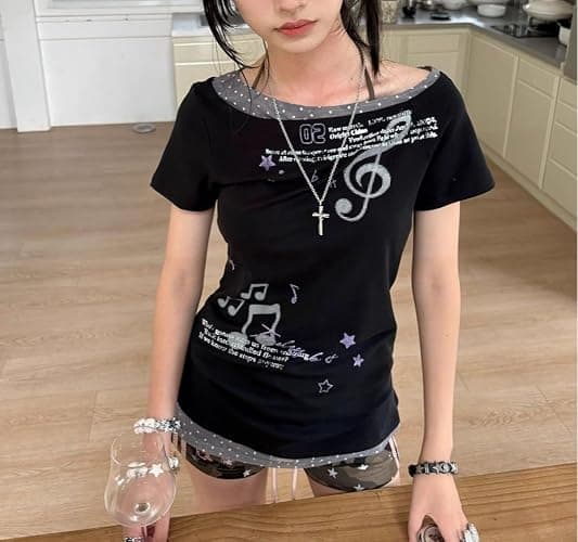 Y2k Aesthetics Grunge T Shirts Fake Two Piece Short Sleeve Graphic Tees 2000s Harajuku Punk Gothic Crop Tops Teens thumbnail 5