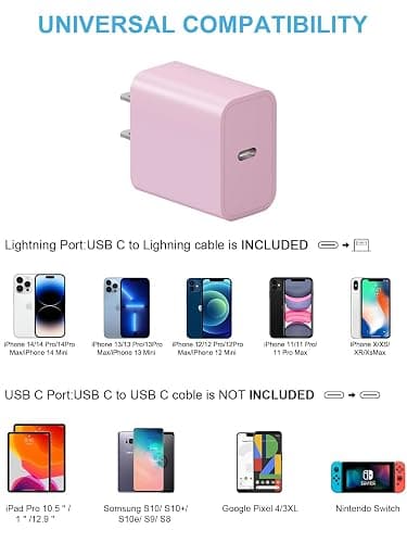 iPhone 14 13 12 Fast Charger 20W PD USB C Wall Charger with 6FT Fast Charging Cable for iPhone 14/14 Pro/14 Pro Max/14 Plus/13/12/11/Pro/Pro Max/Mini/Xs Max/X, iPad - Pink thumbnail 4