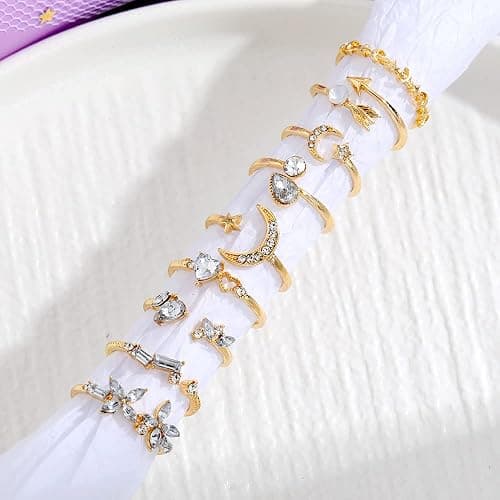 KISS WIFE Golden Stackable Moon Star Knuckle Rings Set for Women, Boho Dainty Lightweight Stacking Rings, Vintage Midi Rings Pack, Trendy Jewelry thumbnail 7