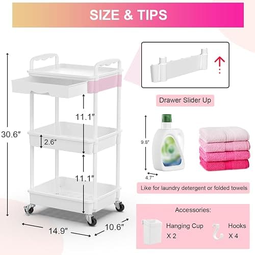 Goovilla 3 Tier Rolling Utility Cart Organizer with Removable Drawer, Stable and Sturdy White Rolling Storage Carts with 2 Lockable Wheels for Bathroom, Kitchen, Snack, Craft, Makeup, Baby Essentials - White - 3 Tier thumbnail 2