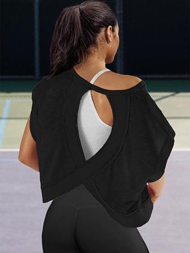 Panadila Womens Open Back Workout Top Oversized Workout T Shirts Backless Athletic Shirt Short Sleeve Baby Tee thumbnail 3