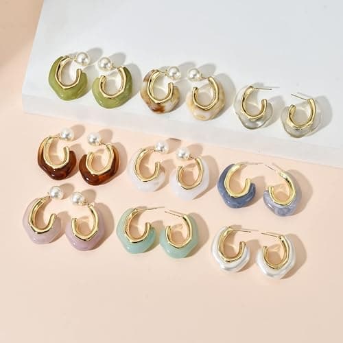 ROGOWOL Acrylic Resin C Shape Open Hoop Earrings with Pearl Ball Back Hypoallergenic Double Sided Faux Pearl Statement Hoop Earrings for Women - 8-Pearl White thumbnail 6