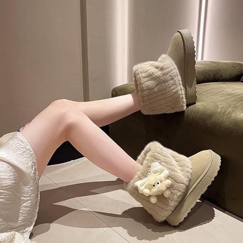UNMULFC Cute Platform Boots Women's Snow Boots Chunky Winter Shoes Aesthetic Bow Pearl Thick Sole Kawaii Fuzzy Plush Fluffy thumbnail 2