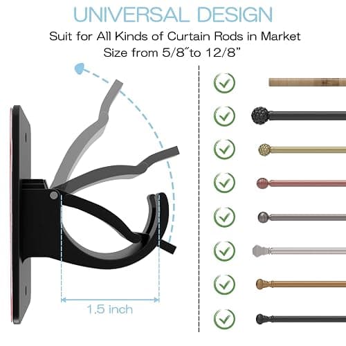 4 Pieces Self Adhesive Curtain Rod Bracket, Universal Plastic Curtain Rod Holders, No Drill Curtain Rod Brackets Curtain Rod Hooks for Bathroom, Bedroom, Livingroom, Kitchen (Black) thumbnail 3
