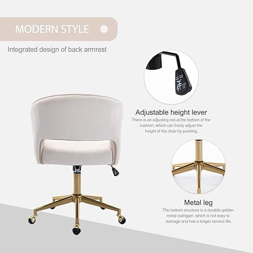 Nrizc Velvet Office Desk Chair, Upholstered Home Office Desk Chairs with Adjustable Swivel Wheels, Ergonomic Office Chair for Living Room, Bedroom, Office, Vanity Study (Beige) thumbnail 6