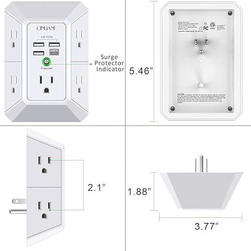 Wall Charger, Surge Protector, QINLIANF 5 Outlet Extender with 4 USB Charging Ports (4.8A Total) 3-Sided 1680J Power Strip Multi Plug Adapter Spaced for Home Travel Office (3U1C) - 3U1C - White thumbnail 7