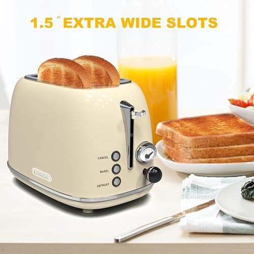 Toaster 2 slice, KitchMix Retro Stainless Steel Toaster with 6 Settings, 1.5 In Extra Wide Slots, Bagel/Defrost/Cancel Function, Removable Crumb Tray (Cream) thumbnail 2