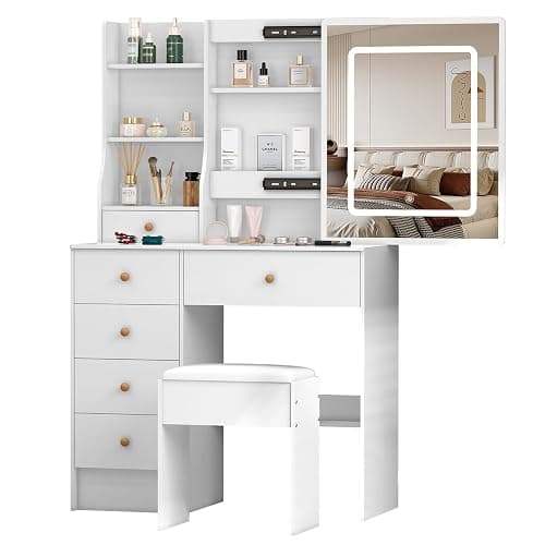 Umeiga Vanity Desk with Sliding Mirror and LED Lights, Small Makeup Vanity Table Set with Chair and Drawers, White Vanity with Lighted Mirror for Bedroom, Dressing Table for Teen Girls and Women thumbnail 9