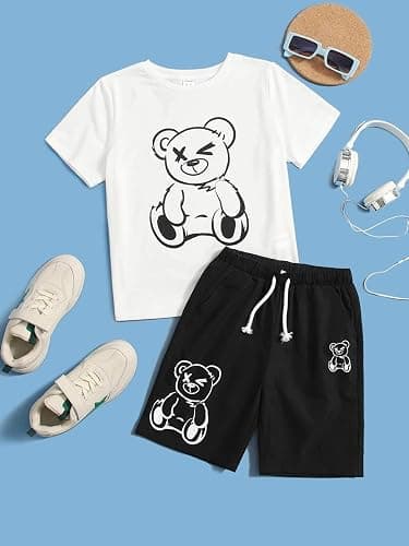KIDLAGA Kids Toddler Boy Clothes Outfits Bear Print Tee + Plaid Shorts 2 Pieces Summer Shorts Set thumbnail 7