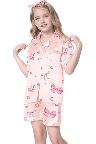 Umeyda Women & Girls Pajamas Set, Soft Satin Lightweight Silk Button-Down Top with Shorts 2 Piece PJS for Mom Boys Kids Gifts thumbnail 2