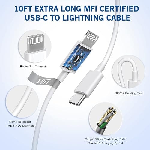 iPhone Fast Charger, [Apple Certified] 2Pack 10FT Extra Long Fast Charging USB C to Lightning Cable Cords with PD USB C Wall Charger Block for Apple iPhone 14/13/12/11/Pro/Pro Max/11/Xs Max/XR/X, iPad thumbnail 5