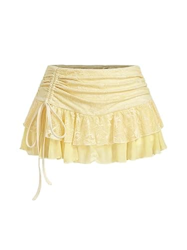 SHENHE Women's Lace Mini Skirt Y2k Low Rise Ruched Layered Ruffle Skirt - Image 1