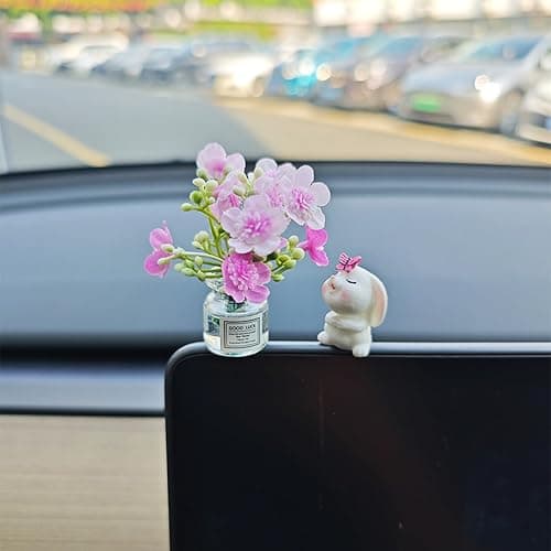 Generic Set of 2 Cute Mini Bunny and Peach Blossom in Flower Vase Car Rearview Mirror Ornaments Funny Dashboard Decorations Kawaii Car Interior Accessories for Women Gifts thumbnail 4