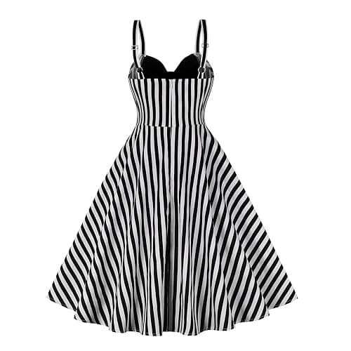 Women Spaghetti Straps 50s Vintage Stripes Cocktail Party Swing Dress Sleeveless Color Block Retro 1950s Audrey Hepburn Rockabilly Prom Tea Dress Wedding Fit Flare A Line Midi Dress Black-Stripes L thumbnail 2