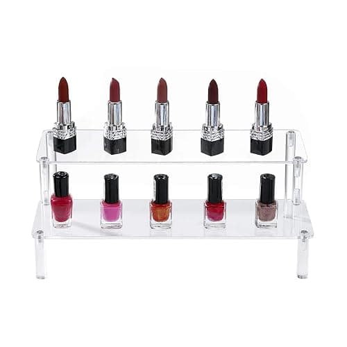BYCY Acrylic Clear 2-Tier Riser Display Shelf for Figures, Desserts Holder, Collections Organizer and Cosmetic Items Shelf (12" x 6.9" x 4.25") thumbnail 5