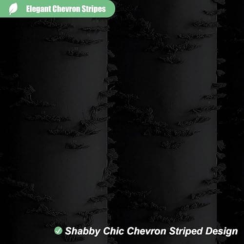 Dynamene Boho Farmhouse Shower Curtain, Black Fabric Tufted Chevron Striped Textured Tassel Shower Curtains for Bathroom, Water Repellent, Minimalist Ruffled Cloth Shower Curtain Set with Hook, 72x72 - Black - 72"W x 72"L (Pack of 1) thumbnail 4