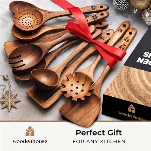 Wooden Spoons for Cooking – 10 Pc Teak Wood Utensil Set, Durable, Nonstick Safe & Heat Resistant with Ergonomic Handles thumbnail 8