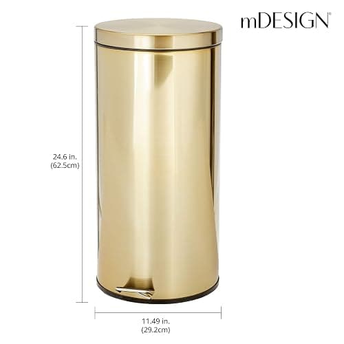 mDesign Tall 30 Liter, Large Round Metal Lidded Step Trash Can, Thin Compact Garbage Bin with Removable Liner Bucket for Bathroom, Kitchen, Craft Room, Office, Garage - Soft Brass thumbnail 2