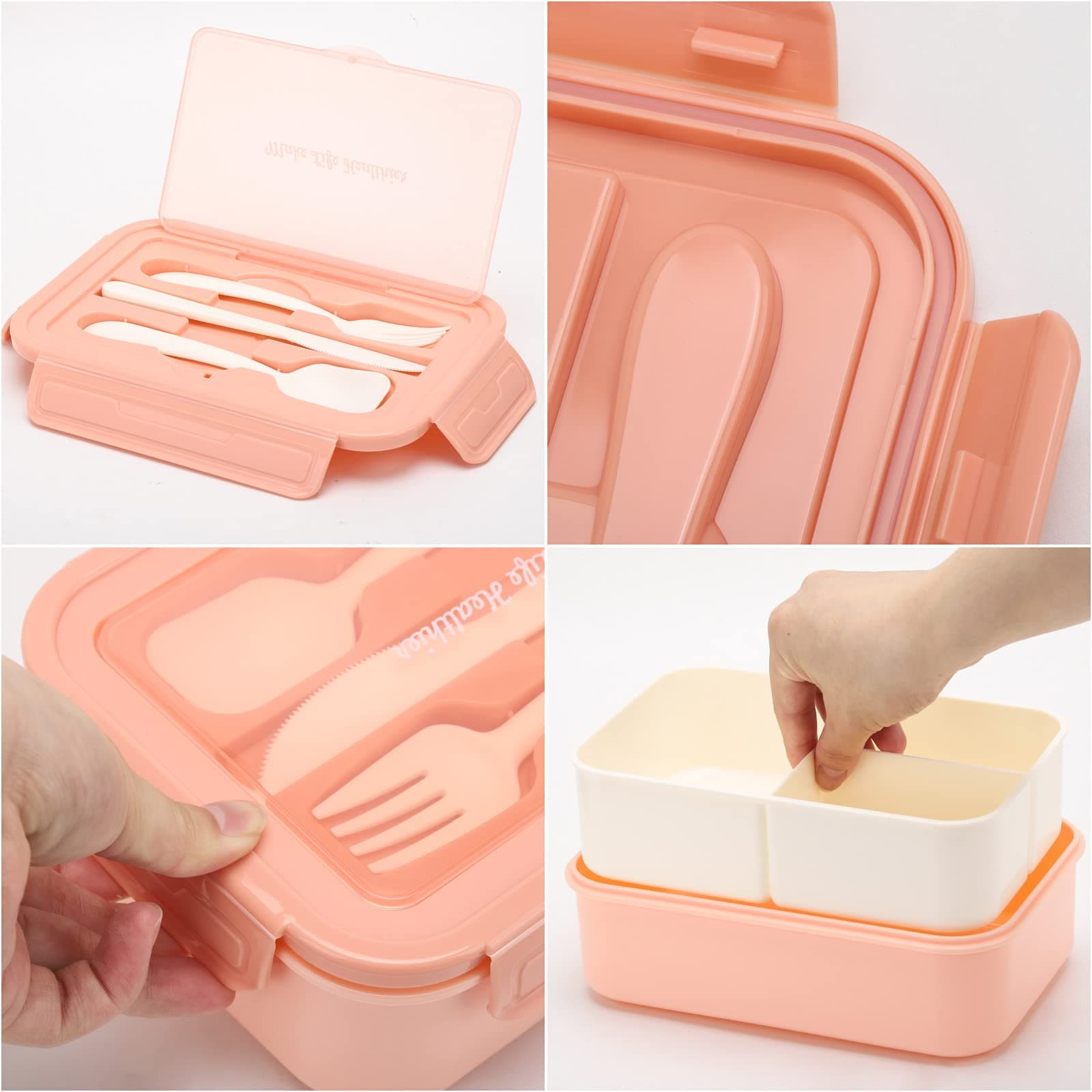Bento Boxes for Adults and Kids, 1100 ML Lunch Box with 3 Compartment and Utensil Set, Leakproof Lunchbox Food Container for Dinning out, Work, School, Picnic - Pink thumbnail 4