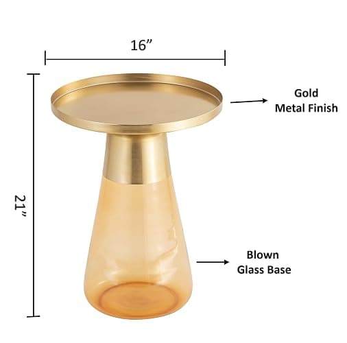 Modern Cylindrical Side Table with Glass Base and Sturdy Gold Metal Top, Tempered Glass, for Living Room & Bedroom, Amber,Assembled thumbnail 2