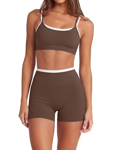 SUUKSESS Women 2 Pieces Workout Sets Padded Spaghetti Straps Camis High Waist Biker Shorts - Image 1
