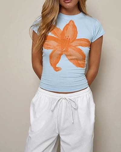 Cioatin Women Y2K Short Sleeve Flower Graphic Baby Tee Shirt Vintage Aesthetic Floral Print Summer Crop Tshirt Tops thumbnail 4