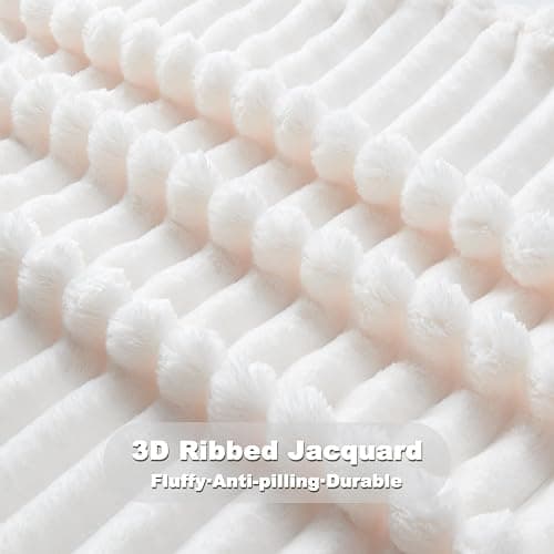 Super Soft Queen Blanket Ivory Premium Silky Flannel Fleece 3D Ribbed Jacquard Lightweight Bed Blanket All Season Use (Ivory Ribbed, Queen(90"x90")) thumbnail 6