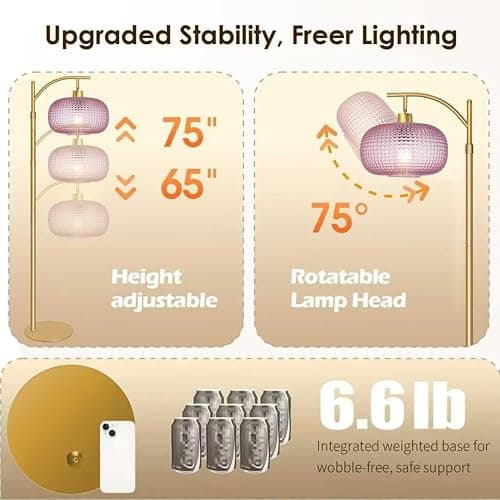 Duoled Glass Floor Lamp for Living Room, Modern Tall Standing Lamp with Pink Glass Lamp Shade, Dimmable Gold Tall Floor Lamp for Bedroom Office with Remote Control, 1 x 12W LED Bulbs Included thumbnail 6