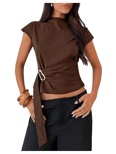 Floerns Women's Buckle Tie Elegant Blouse Mock Neck Shirts Cap Sleeve Business Casual Tops - Image 1