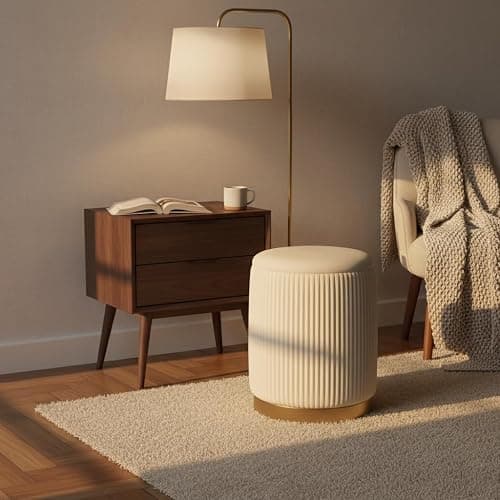 Boahaus Cersei White Velvet Vanity Ottoman with Hidden Storage, Makeup Chair for Vanity Desk, Elegant Foot Rest Stool with Gold Base for Bedroom, Living Room & Dressing Area (Pure White) thumbnail 5