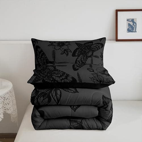 Feelyou Death Moth Comforter Set Full Size Kids Skull Decor Duvet Quilt for Boys Girls Teens Gothic Goth Skull Halloween Boho Moth Floral Black Grey Bedding Set Soft Lightweight Room Decor 3Pcs thumbnail 6