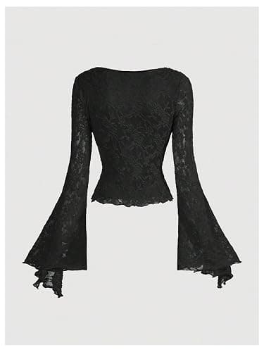 Verdusa Women's Y2K Tie Front Tops Bell Sleeve Floral Print Mesh Tops Long Sleeve Shirts 2000s Clothing thumbnail 2