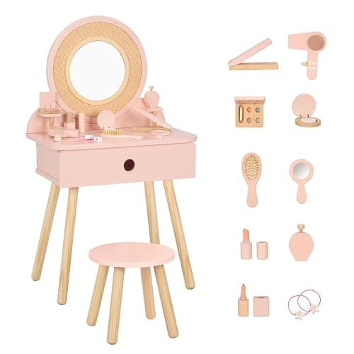 OOOK Kids Vanity Table and Chair Set, Pink Girls Vanity with 11 Pcs Accessories, Enough for Real and Pretend Makeup, Toddler Vanity for 3 Year Old and Up as Ideal Gift - Image 1