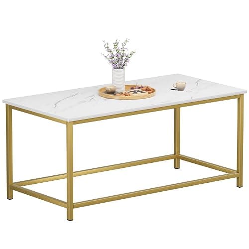 SAYGOER White Faux Marble Coffee Table Simple Modern Rectangular Coffee Tables Open Design Minimalist Center Table for Living Room Office, 39.37 x 19.69 x 17.72, White Gold - Image 1