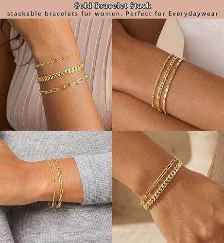Gokeey Gold Bracelets Set for Women Non Tarnish Trendy,14K Gold Plated Dainty Stackable Paperclip Cuban Link Chain Bracelets, Simple Cute Cuff Bracelets Jewelry Set Adjustable 7"+2" thumbnail 7