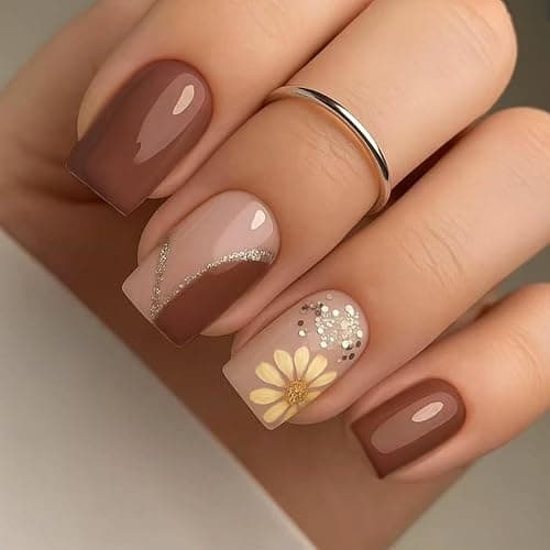 24Pcs Fall Press on Nails Short Square Fake Nails with Design Yellow Daisy Glue on Nails Brown False Nail Striped Glitter Acrylic Nail - Image 1