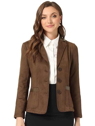Allegra K Faux Suede Blazer for Women Lapel Collar Button Front Long Sleeve Jacket Casual Office Wear - Image 1