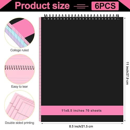 Resurhang 6 Pcs Top Spiral Notebooks,8.5 x 11 Inches,No Holes,3 Colors | 70 Sheets, Double Sided College Ruled Paper, Memo Steno Pad with Stiff Cover, Multicolored for School, Home, Office thumbnail 3